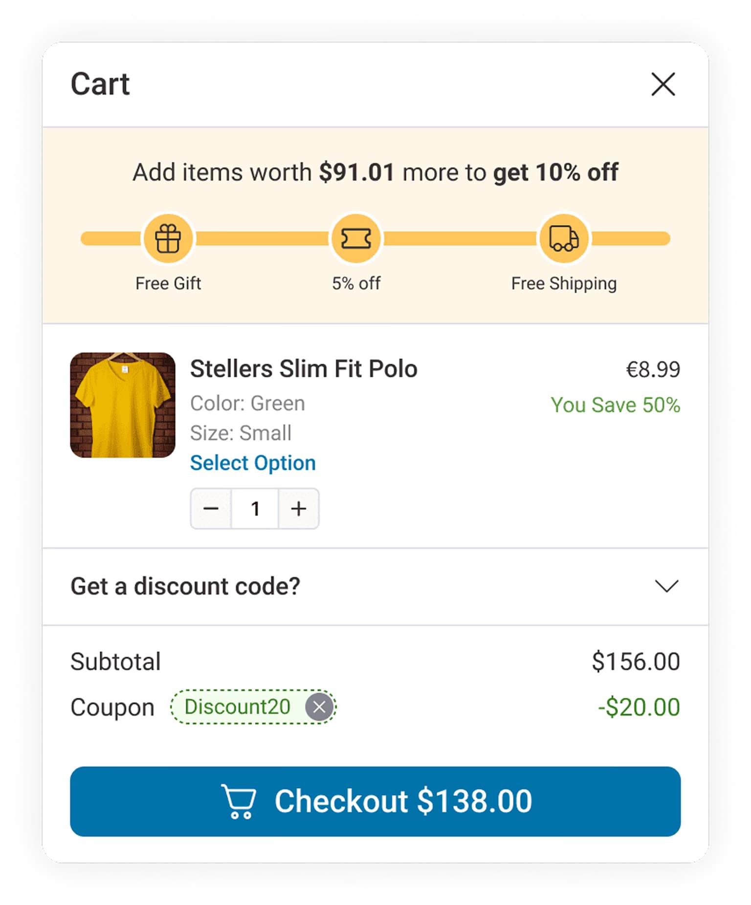 Milestone rewards in the cart drawer: free gift, discount and free shipping unlock as the cart grows