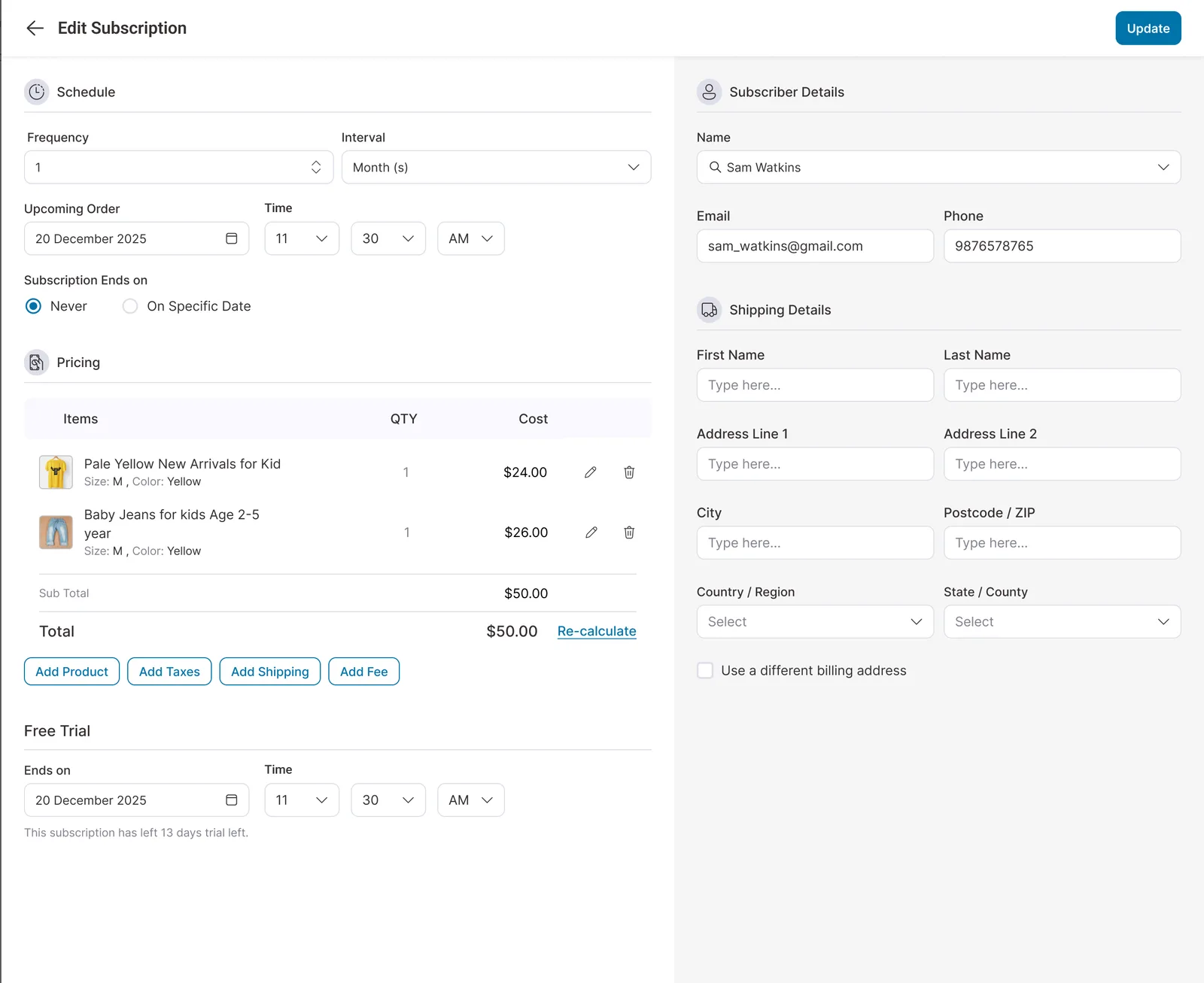 Editing a single subscription: schedule, pricing, trial and subscriber details on one screen