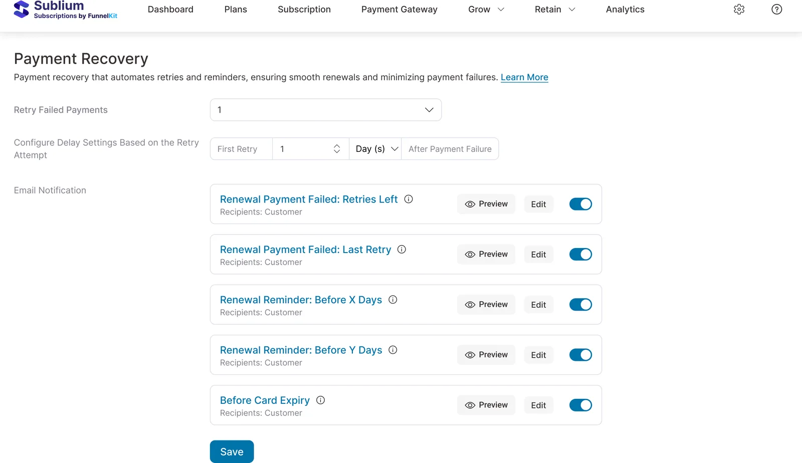 Automated payment recovery: failed renewals are retried and customers are nudged to update cards before the subscription lapses