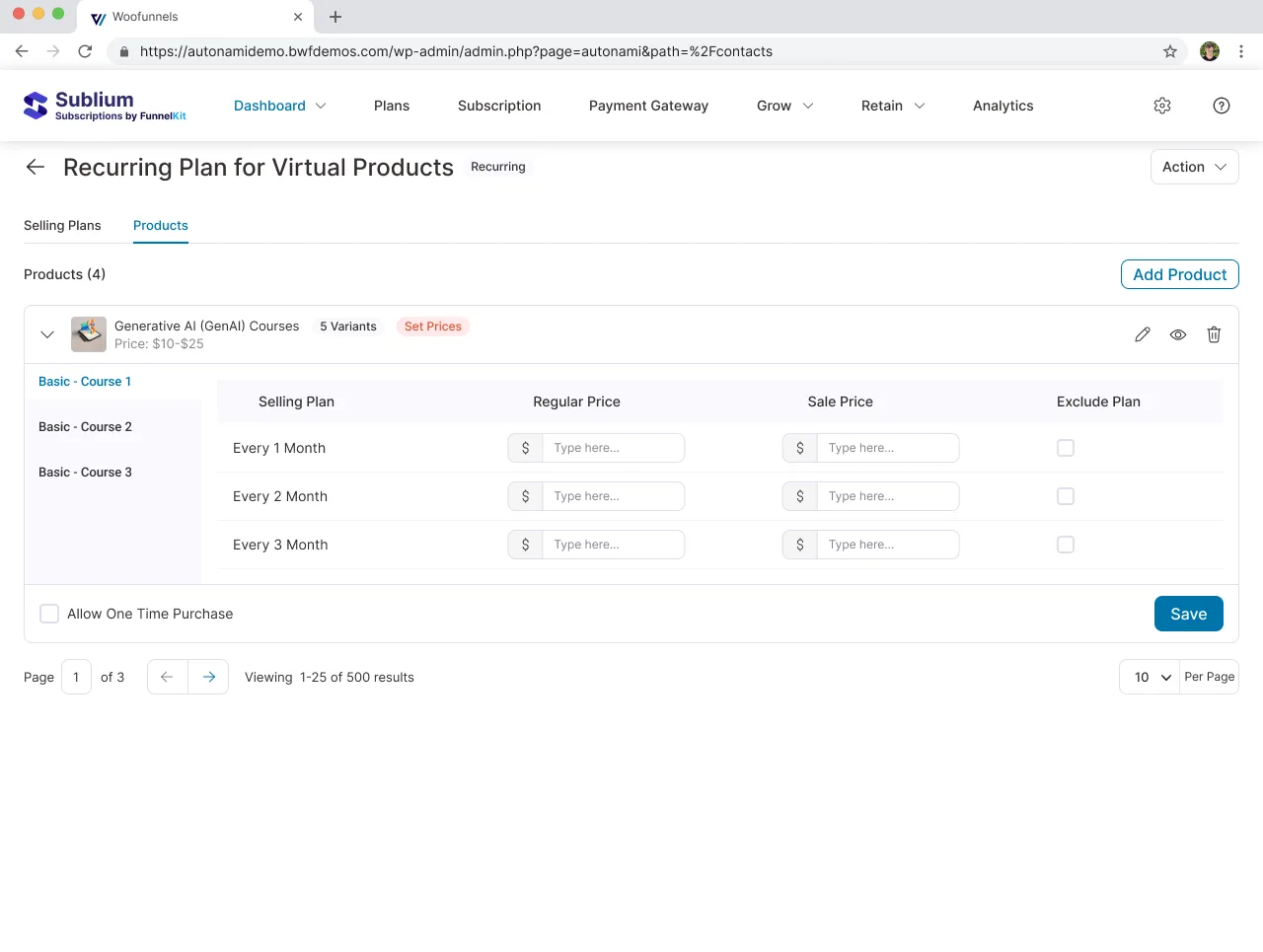 Plan pricing per product: regular and sale price for every billing interval in one table