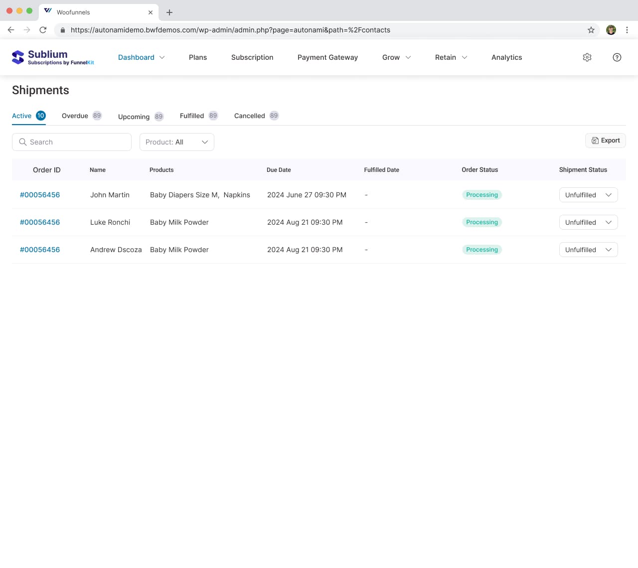 Active, overdue and upcoming shipments share one queue so merchants can spot what needs attention