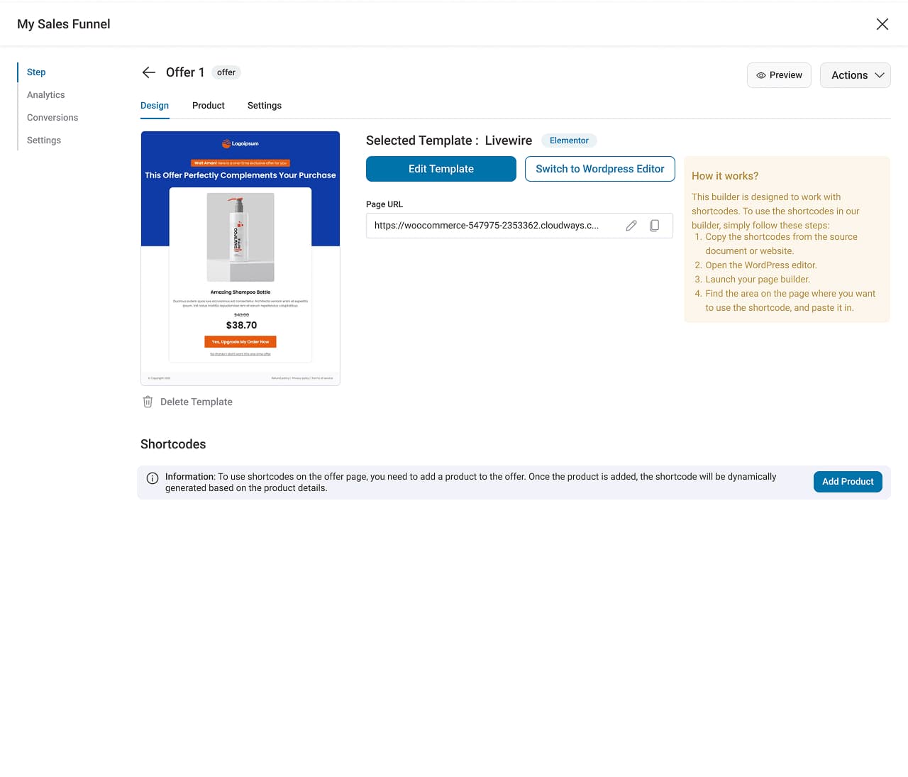 Offer builder detail: Design, Product and Settings tabs for a single funnel step