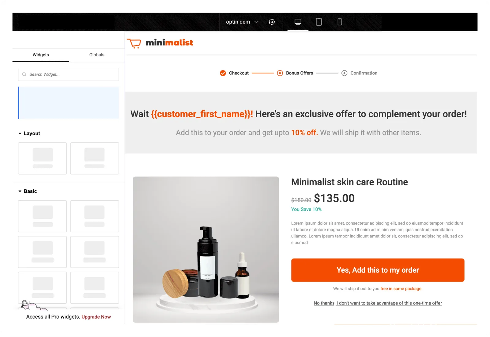 Project Funnel One-Click Upsells — product interface